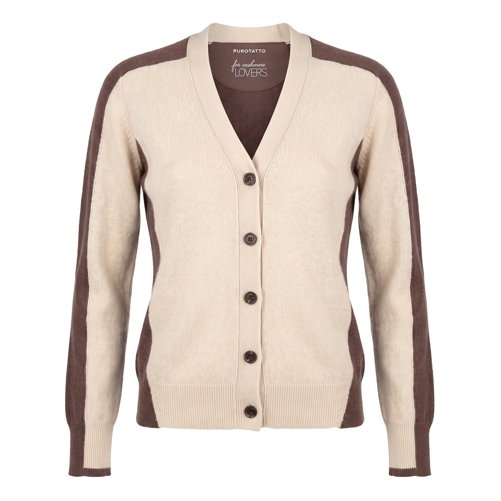 Cardigan Scollo a V Bicolore in Puro Cashmere – Purotatto